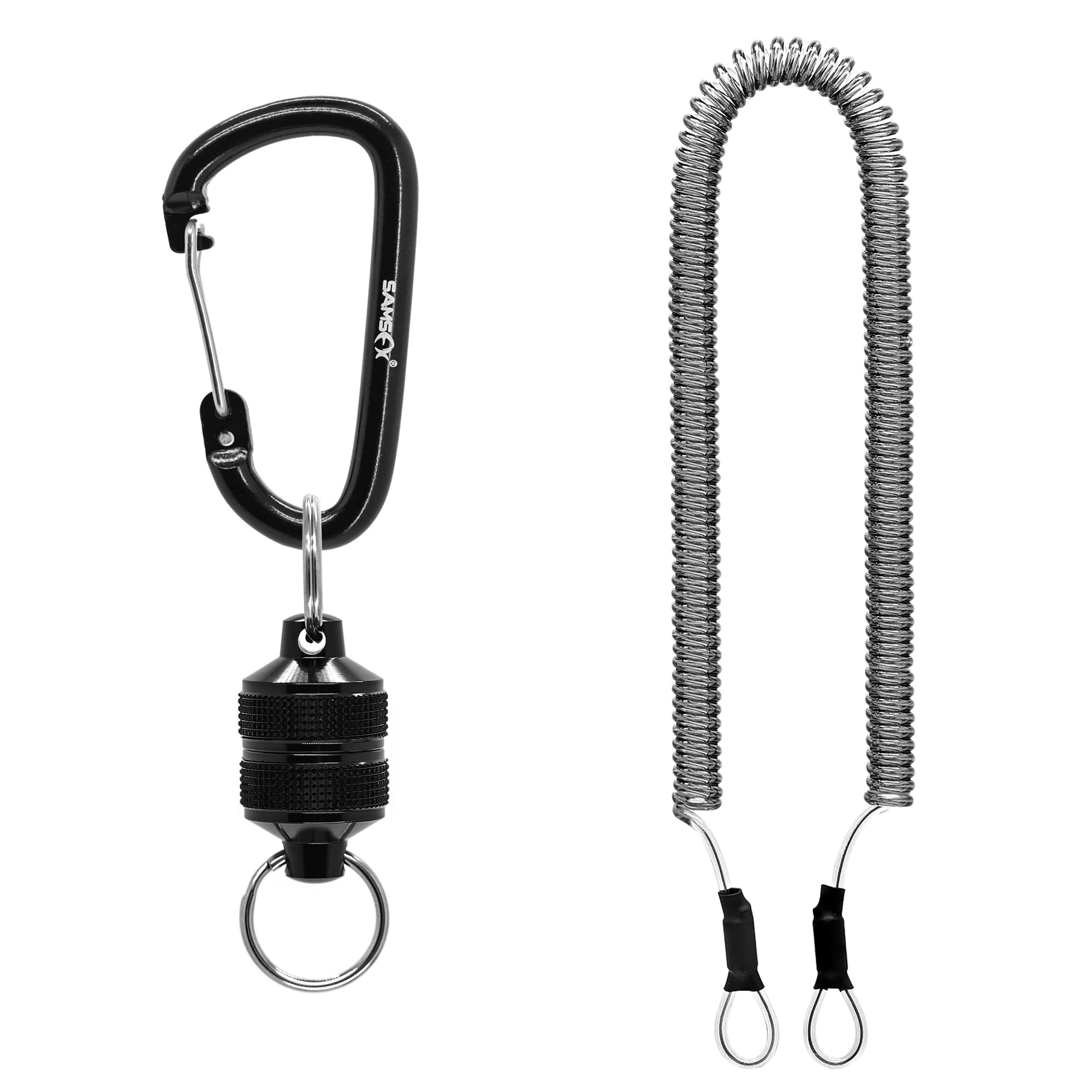 SAMSFX Fly Fishing Magnetic Net Release Holder Keeper Magnet Clip Landing Net Connector with Coiled Lanyard for Cord Free Heavy Gear (Textured Grip Magnet, Black)