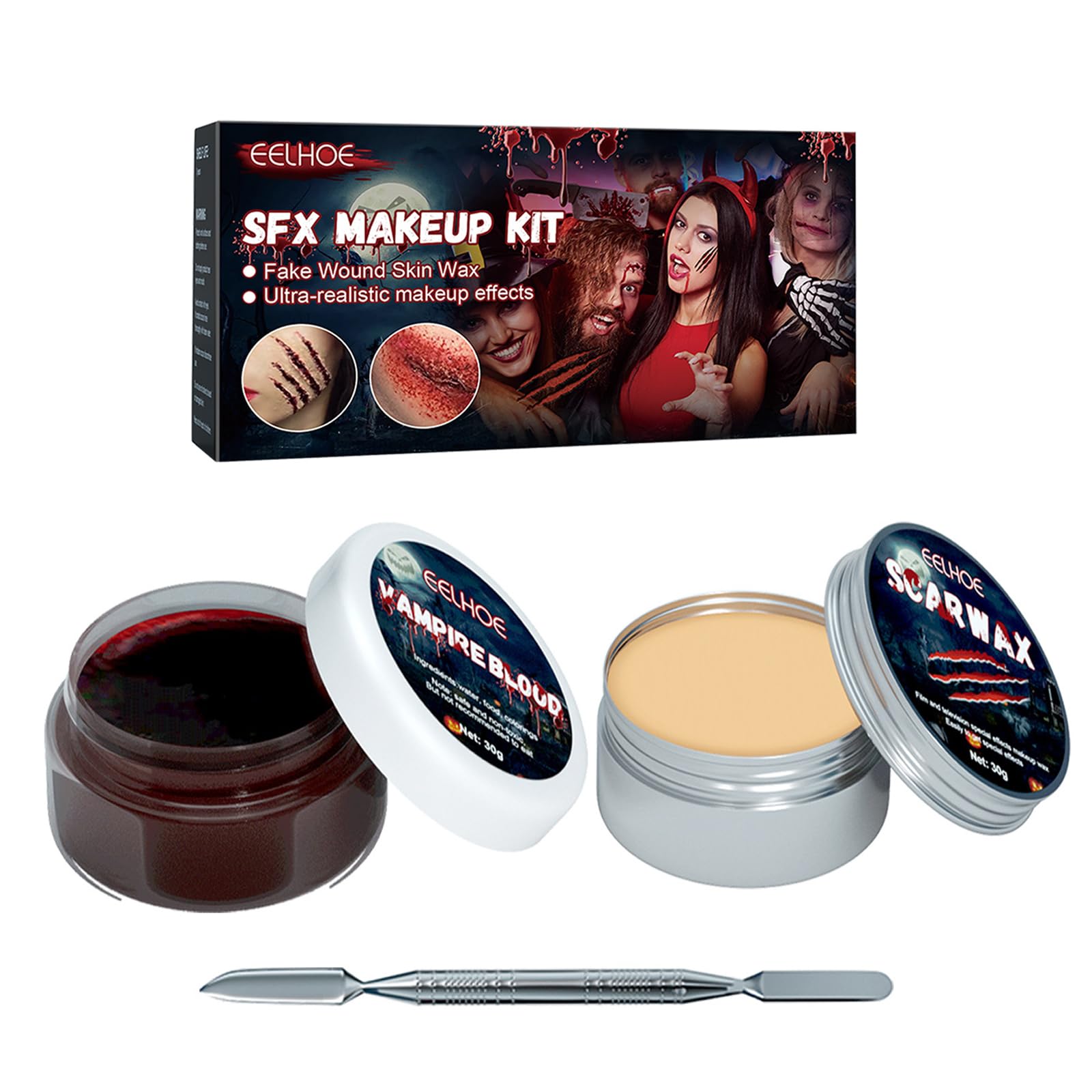 Holzsammlung Makeup Scars Wax kit,Halloween Special Effects Stage Fake Wound Moulding Skin Wax (37g/1.3 Oz) with Spatula + Fake Blood Gel(44g/1.55 oz)