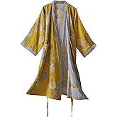 Purefair 100% Cotton Gauze Ginkgo Leaf Kimono Robe, Long Knit Loose Loungewear Bathrobe Nightgown Ladies Sleepwear for Women