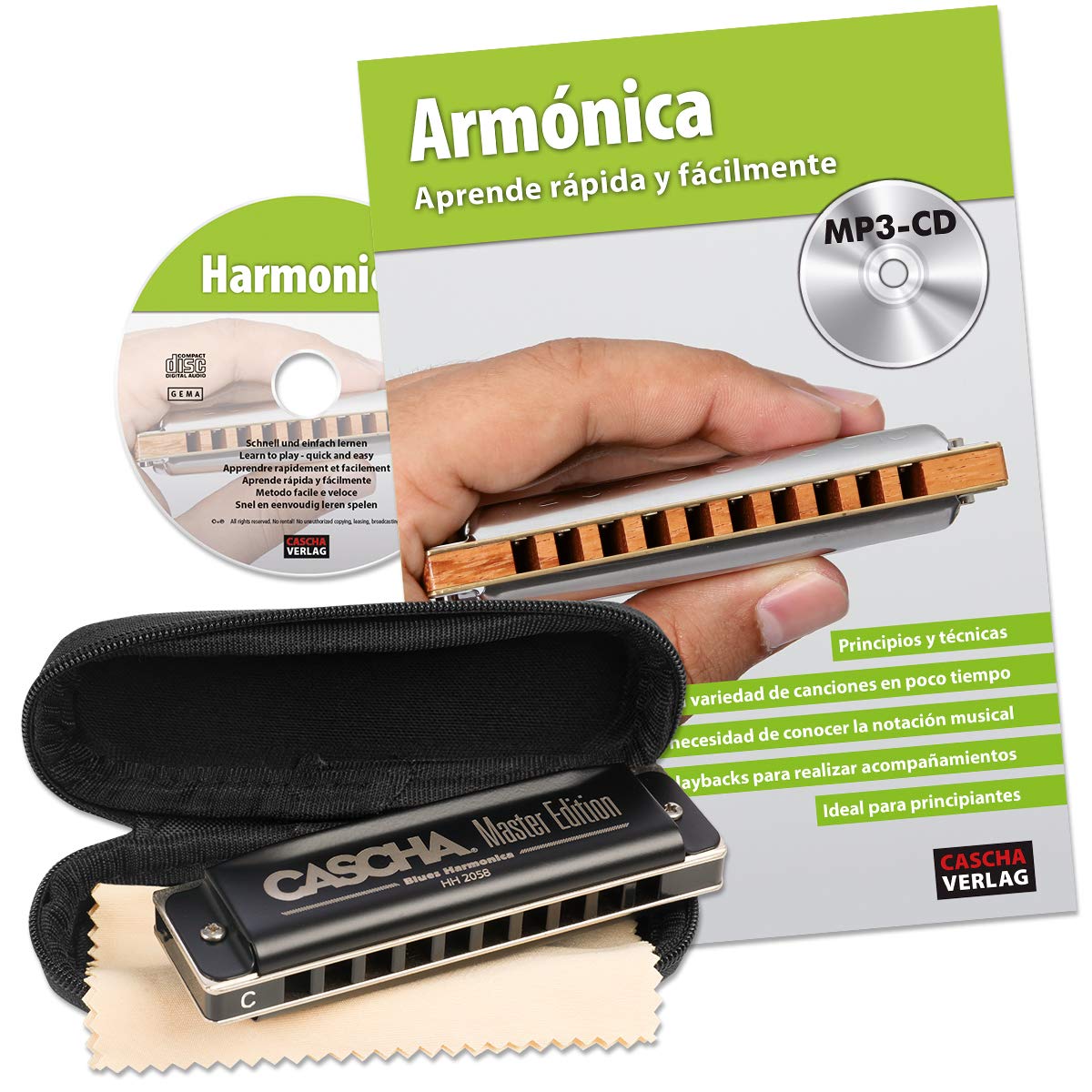 CASCHA Harmonica Learning Set Including High-Quality Harmonica in C Major Diatonic, Spanish Beginner School, Case and Care Cloth, Ideal for Beginners and Adults