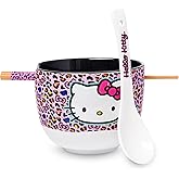 Silver Buffalo Sanrio Hello Kitty Pink Leopard Print Ceramic Ramen Noodle Rice Bowl with Chopsticks and Spoon, Microwave Safe, 20 Ounces