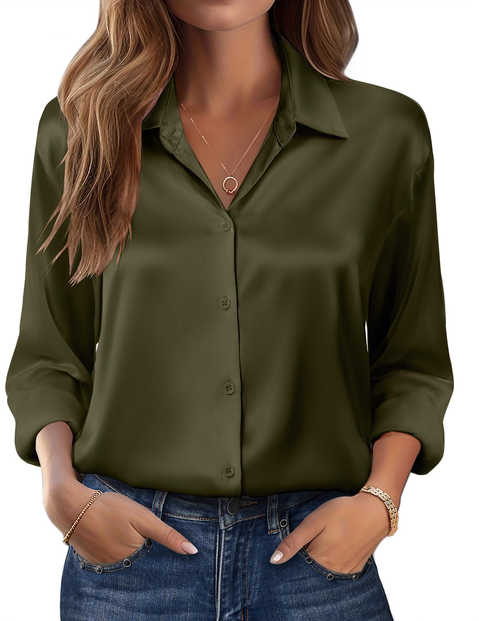 Photo 1 of *MINOR DAMAGE - USED*
Zeagoo Shirts for Women Satin Button Up Blouses Loose Fit Silk Tops Long Sleeve Dressy Clothing Army Green, small