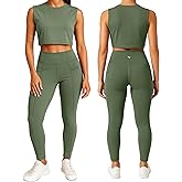 URBAN BUCK Yoga Sets For Women - Workout 2 Piece Sets For Women Summer Lounge Set High Waist Legging with Pockets & Crop Top