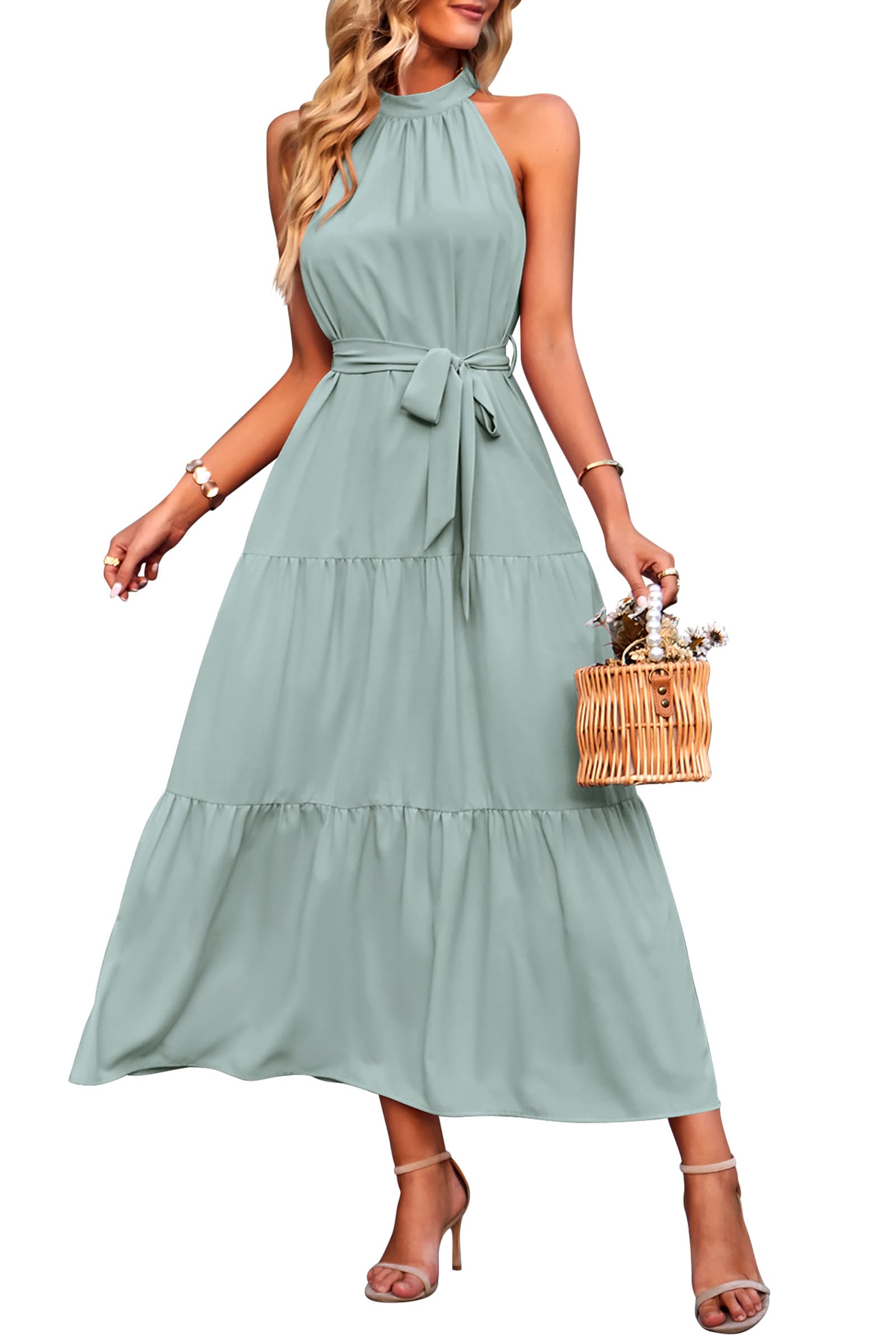 Photo 1 of (missing belt) PRETTYGARDEN Women's Summer Maxi Sun Dress Sleeveless Halter Neck Flowy Ruffle Hem Long Boho Dresses with Belt (Solid Light Green,Large)