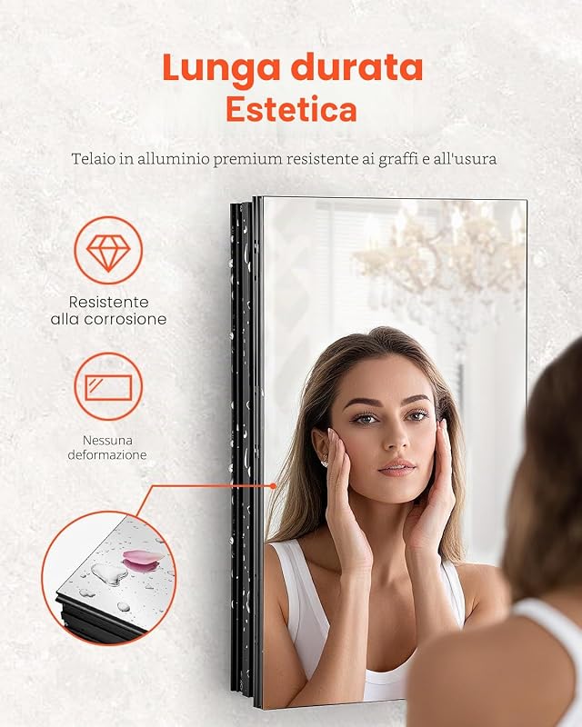 Armadietto per Medicinali 355 x 610 mm Armadietto per Medicinali con Specchio per Bagno con Anta a Specchio, Ripiani in Vetro Regolabili, Installazione a Incasso e a Parete, Telaio in Alluminio