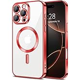 Hython Magnetic Clear for iPhone 16 Pro Max Case with Camera Lens Protector [Compatible with MagSafe] Plating Edge Slim Soft TPU Cover Protective Phone Case for iPhone 16 Pro Max 6.9", Red
