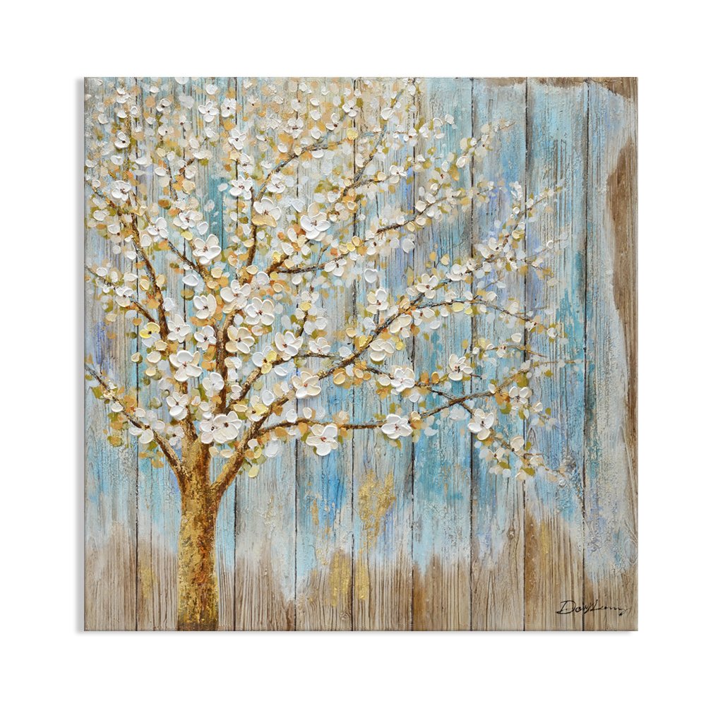 Kas Home Art Modern Abstract Blooming White Flower Tree Canvas Prints Framed Wall Art Wall Paintings For Living Room Bedroom Home Decorations Wall