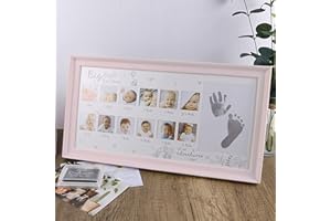 weallbuy Baby Picture Frame First Year, Baby Handprint and Footprint Kit with Ink Pad, 12 Month Milestones Baby Gift, Anniversary Growth Record Keepsake for Mom/Newborn (Pink)