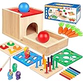 Montessori Toys for 1 2 3 Year Old: 5 in 1 Wooden Toys Kit Includes Object Permanence Box with Ball Drop Toy Shape Sorter & O