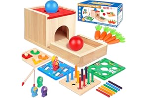 Montessori Toys for 1 2 3 Year Old: 5 in 1 Wooden Toys Kit Includes Object Permanence Box with Ball Drop Toy Shape Sorter & O