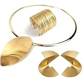 African Jewelry Sets for Women - Gold Bib Choker Collars Cuff Bracelet Geometric Earrings Necklace Set Punk Stylish Jewelry for Women