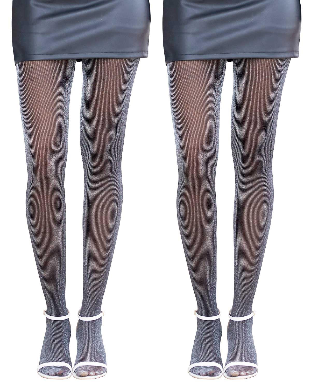 Photo 1 of 2 Pairs Women's Glitter Patterned Tights, Sequin Fringe Shiny Pantyhose with Control Top (L, Black)