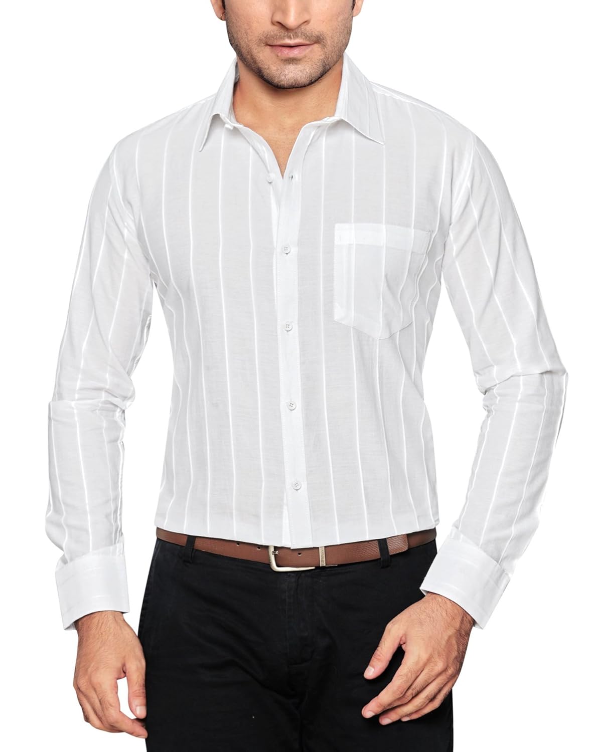 globalrang white striped casual shirt for men slim fit