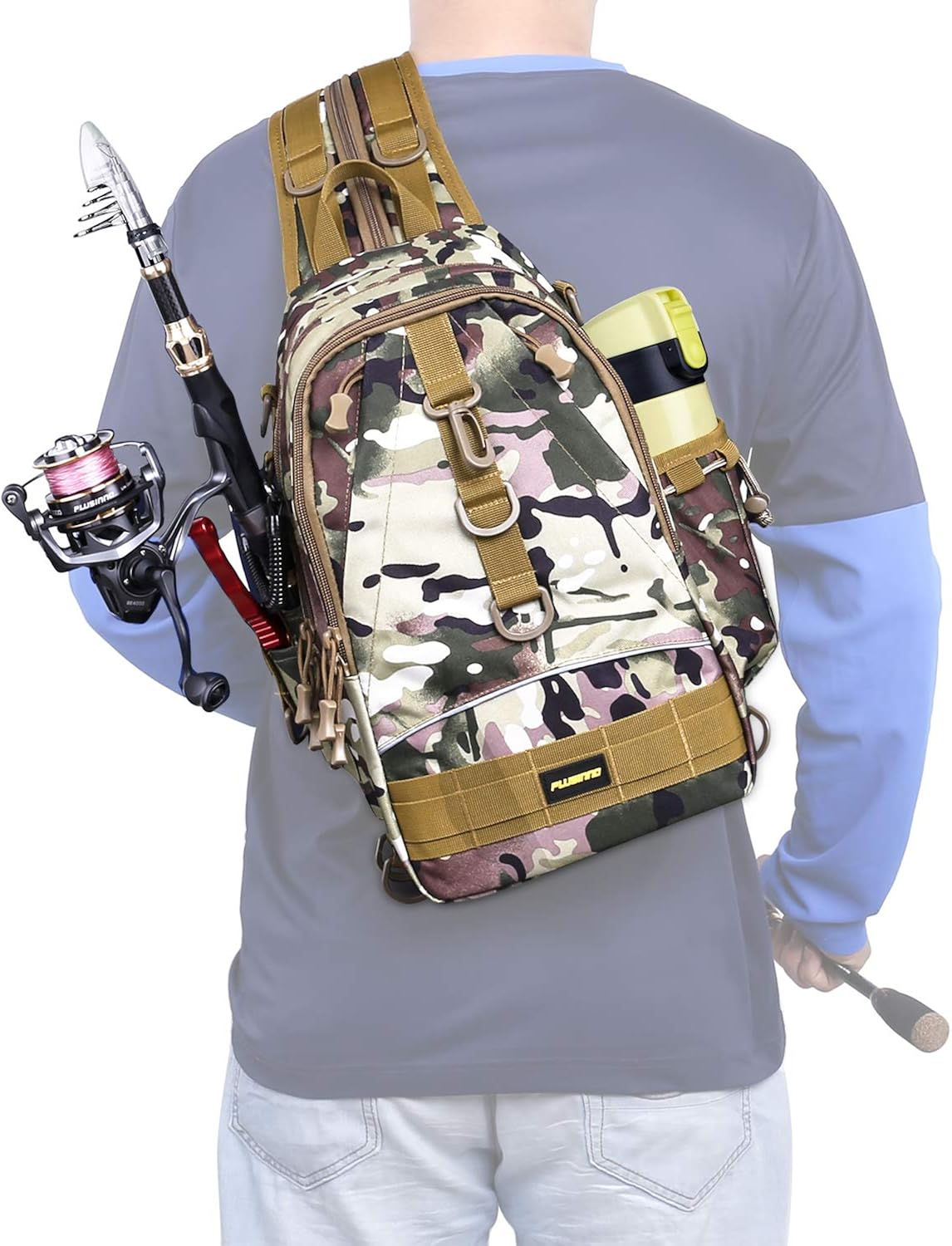 PLUSINNO Fishing Tackle Backpack Storage Bag，Outdoor Shoulder Backpack，Fishing Gear Bag，Water-Resistant Fishing Backpack with Rod Holder (Standard(14.68.75.5 inch)-Italian camo) : Sports & Outdoors