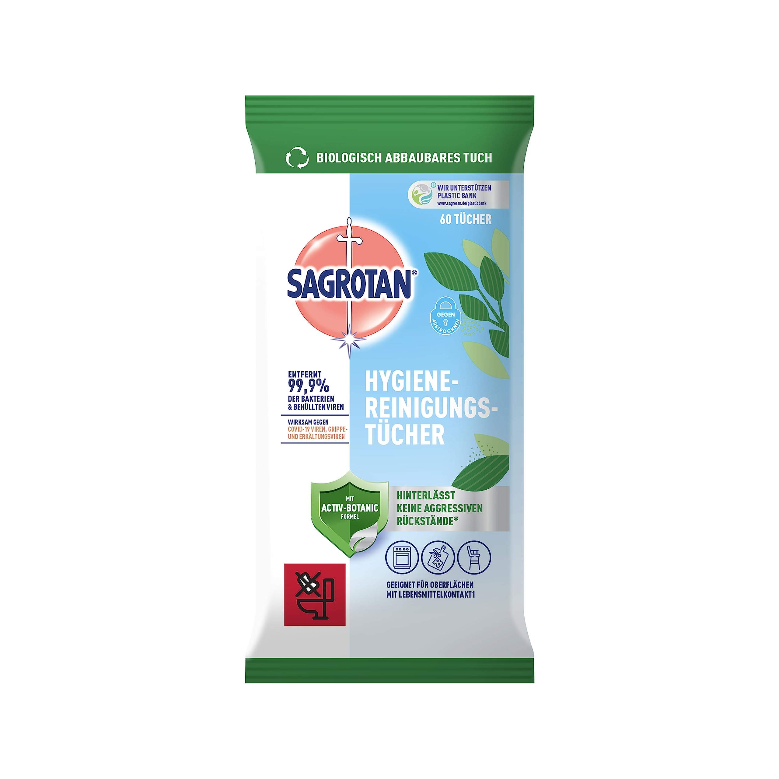 Sagrotan Hygienereinigungstücher – Für die praktische Reinigung und Desinfektion von Oberflächen – 5 x 60 Feuchttücher in wiederverschließbarer Verpackung 2