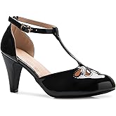 Olivia K Women's Low Heels Mary Jane Pumps - Adorable Vintage Shoes- Unique Round Toe Design with an Adjustable T Strap