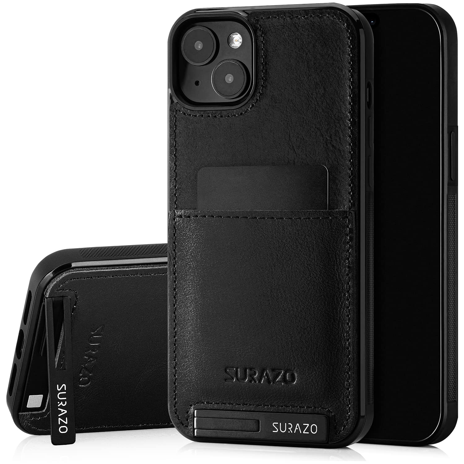SURAZO Protective Phone Case for Apple iPhone 15 Plus Case - Genuine Leather Cover with Card Holder - Slim Back Case with Foldable Stand and Keychain - Robust Bumper Protector (Black) — image 1