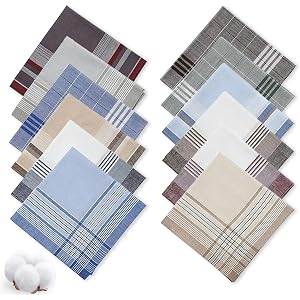 Lanjiesh 12 Pcs Handkerchiefs for Men, 100% Soft Cotton Hankies with Check Pattern, Classic Reusable 16x16 Inch Pocket Hanky