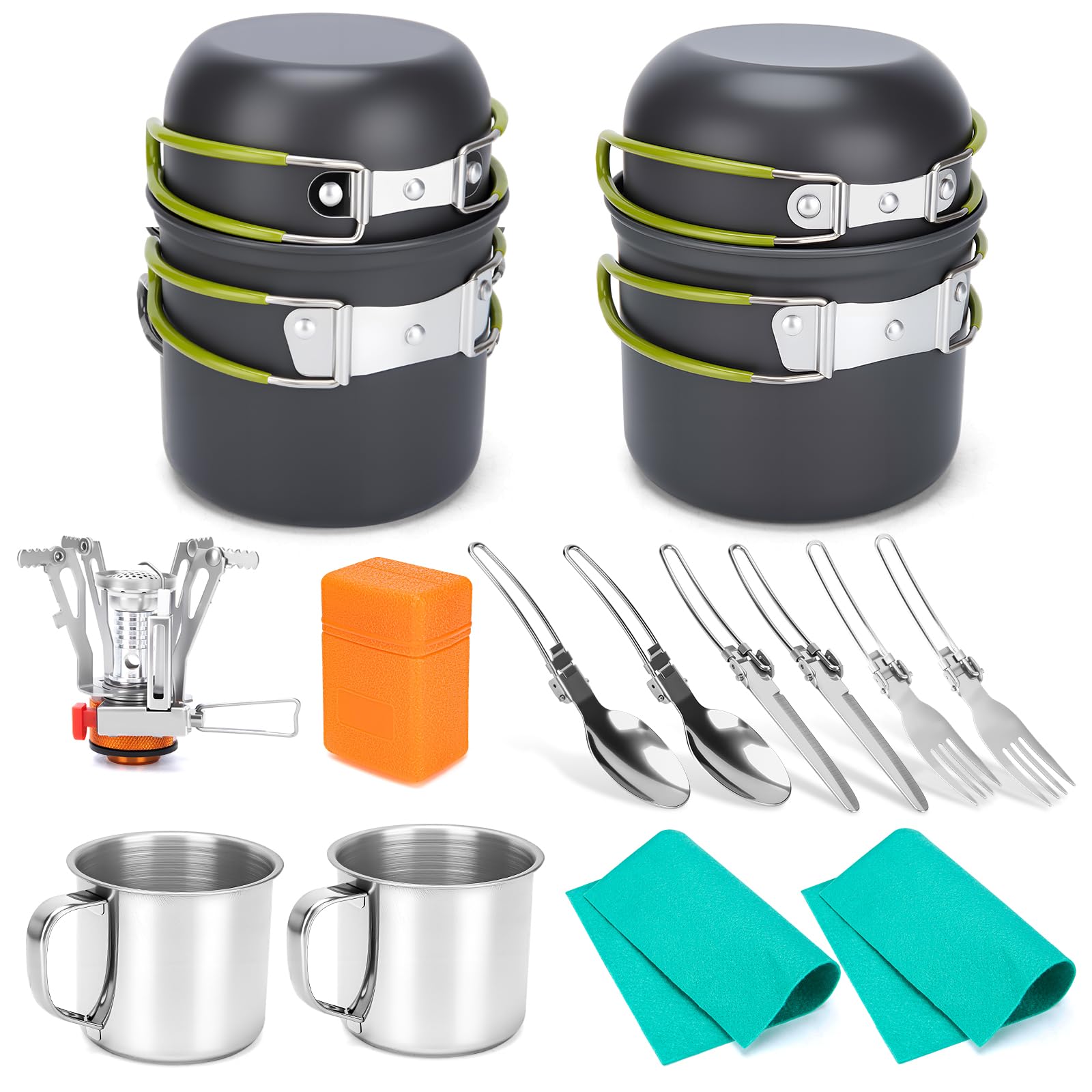 Photo 1 of VECKYJL Camping Cookware Set, 16pcs Lightweight Backpacking Mess Kit with Camping Pots and Pans, 2 Cups, Fork Spoon, Survival Cooking Kit for Outdoor Hiking and Picnic