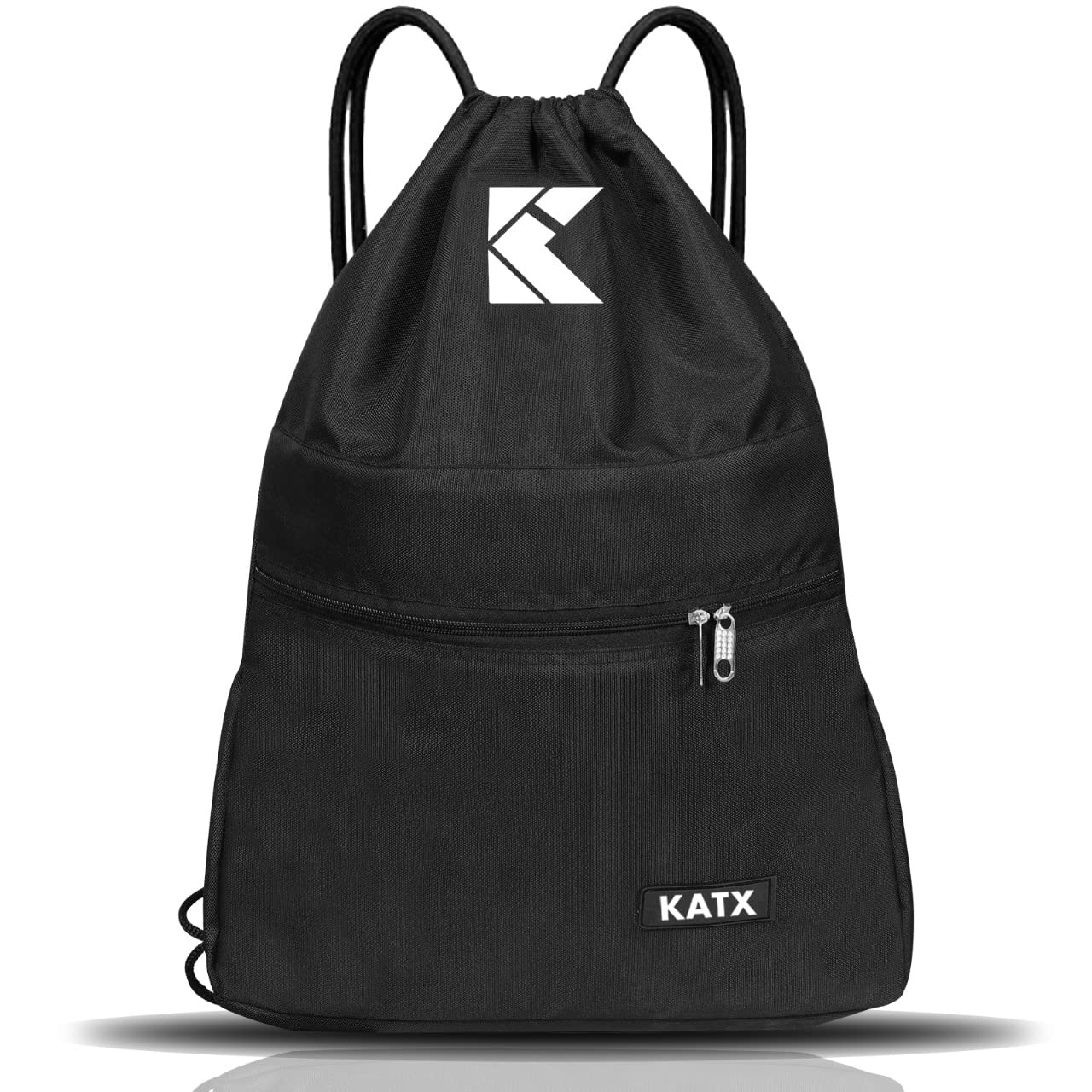 Katx Drawstring Bag String Waterproof Sport Gym Sack Backpack for Women Men PE Bag Outside Pocket Zipper School Beach Holidays Swimming Travel (Black)