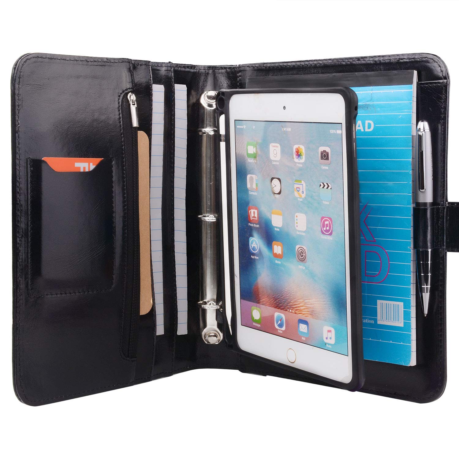 XIAOZHI Leather Binder Portfolio with Removable Tablet Holder, Organizer Padfolio Case with 3-Ring Binder for iPad Mini 5/Mini 4, Black, 9.8x9.8x7.3 in. (1903Q-IPM-BK)