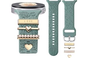DaQin Flower Engraved Bands Compatible with Samsung Galaxy Watch 8 Band 40mm 44mm/Galaxy Watch 8 Classic 46mm, Soft Silicone Replacement Strap with Fancy Decorative Charms Accessories for Women