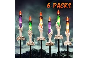 BAINGESK Halloween Decorations, 6 Pack Skeleton Hands Hold Lighted Candle Stakes, Halloween Garden Stake Lights Waterproof Battery Operated with Timer, Halloween Pathway Light for Yard Outdoor/Indoor Decor
