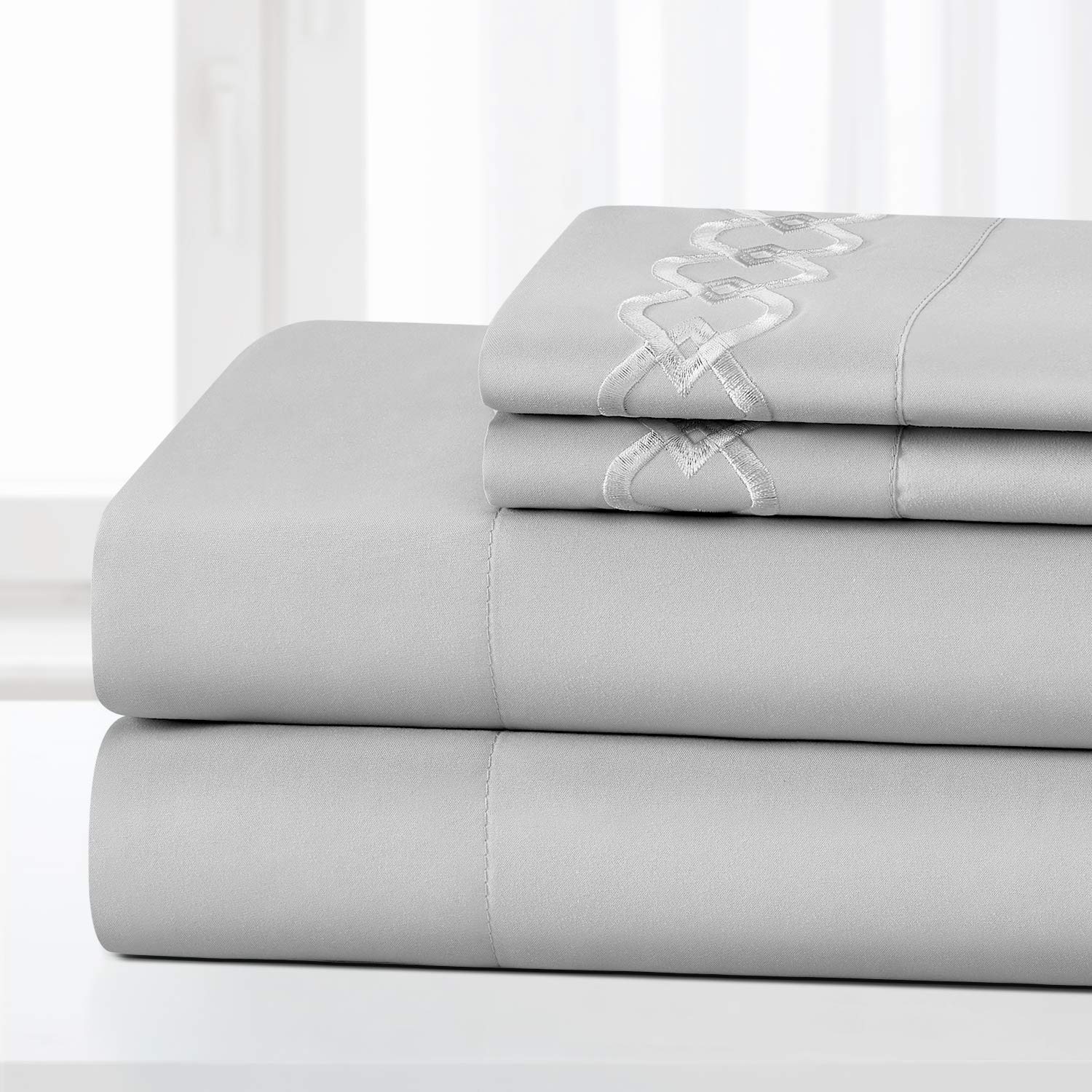 HOMEIDEAS 4 Piece Buckle Embroidered Edge Bed Sheets Set Extra Soft Brushed Microfiber 1800 Bedding Sheets Deep Pocket, Wrinkle & Fade Free (Double, Light gray)