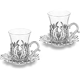 Alisveristime (Set of 2) Turkish Tea Set with Zamac Holders, Glass Cups, and Saucers – Ahsen Ottoman Design, 100ml Capacity, Available in Gold or Silver Color (Silver)