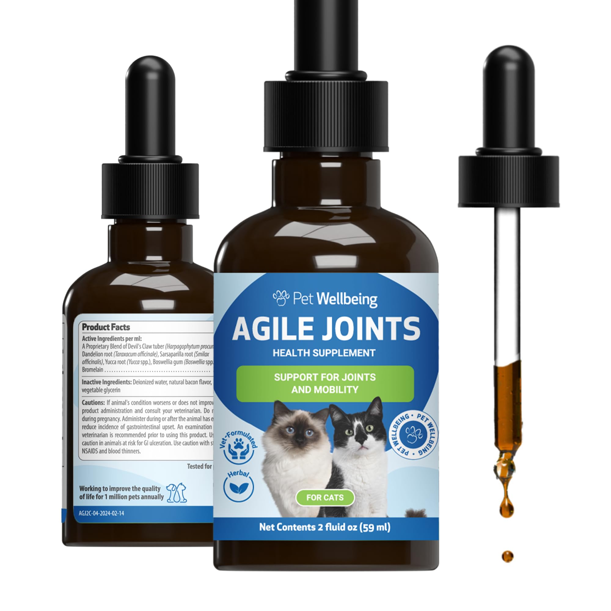 Pet Wellbeing Agile Joints for Cats - Hip and Joint Health, Mobility, Joint Ligament and Cartilage, Devil’s Claw, Boswellia - Veterinarian-Formulated Herbal Supplement 2 oz (59 ml)