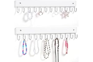 Dntorx Hanging Jewelry Organizer, 2 Pack Necklace Holder for Wall White Wooden Necklace Organizer Hangers with 24 Hooks Jewelry Display Hangers Wall Mounted for Necklaces, Earrings, Bracelets, Keys