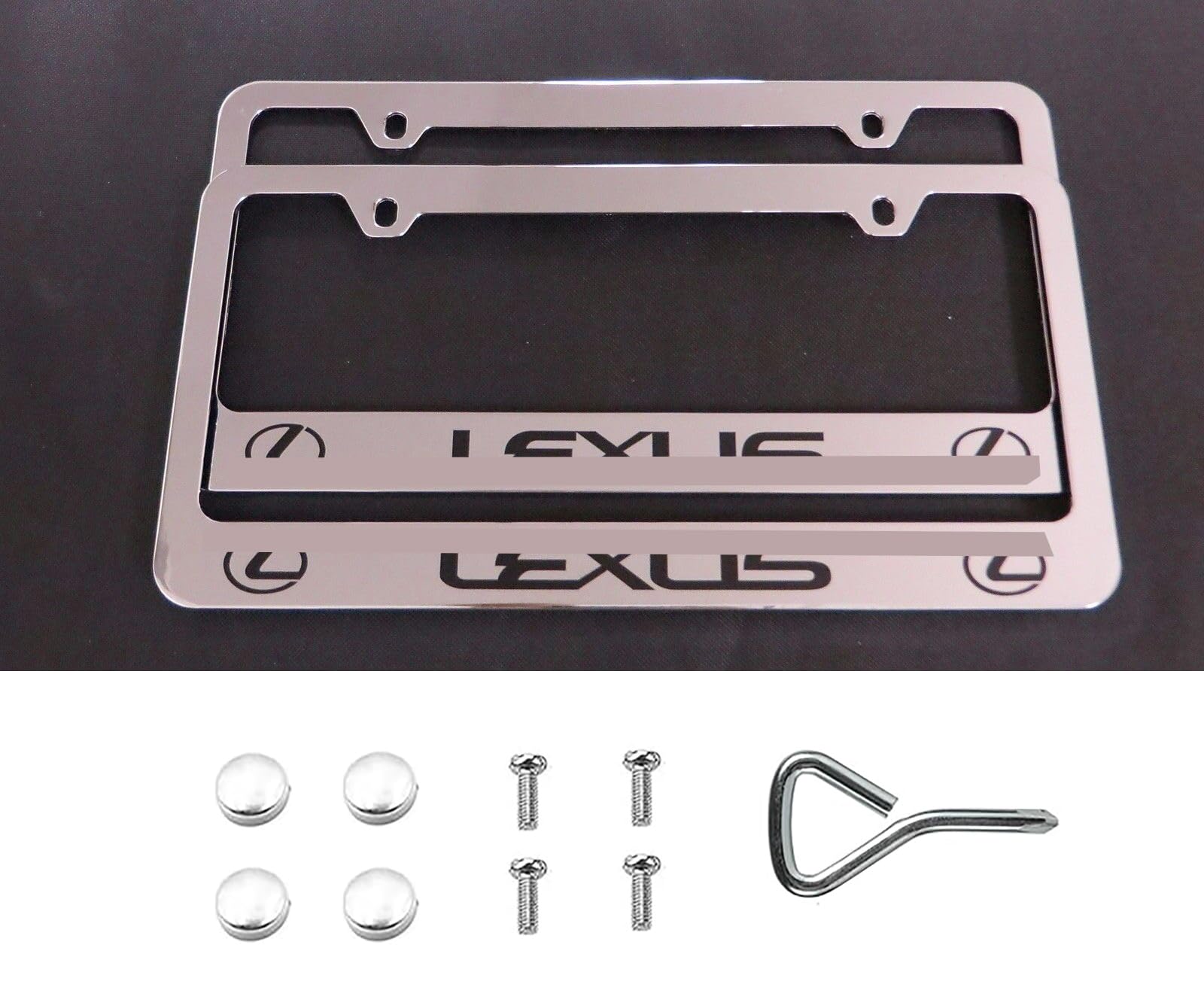 Photo 1 of 2 PCS Stainless Steel License Plate Frame – Rust-Resistant, Custom Fit for Lexus Owners, 4 Holes Front & Rear Holders with Fasteners, Inserts, Rust/Rattle Proof Pads, Easy Installation