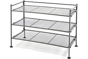 Stackable Mesh Shoe Rack Organizer 3-Tier, Gunmetal Grey Clip-On Shoe Storage Shelf, Foldable No-Assembly Shoe Organizer for 