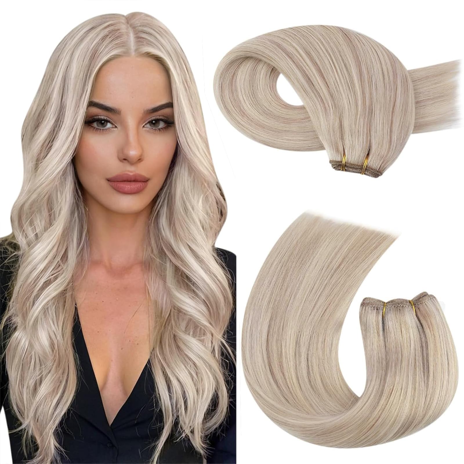 Moresoo Weft Human Hair Extensions Ash Blonde with Bleached Blonde Highlight Sew in Hair Extensions Invisible Full Head for Women Natural Look Wedding Use 20 Inch 100g/Pack #P18/613 โ image 1