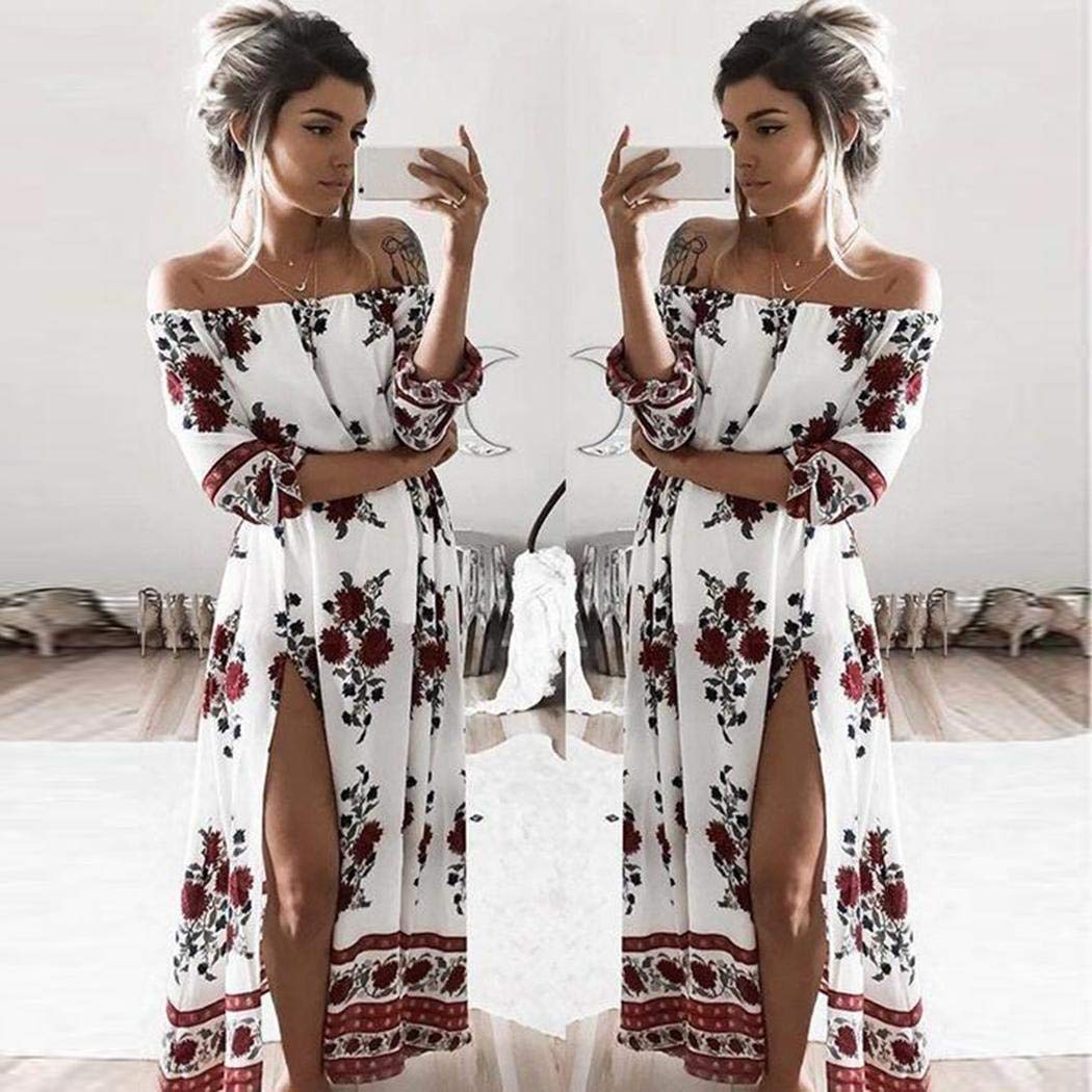 Maxi White Summer Dress for Women, Sexy Off Shoulder Long Split Boho Beach Dress