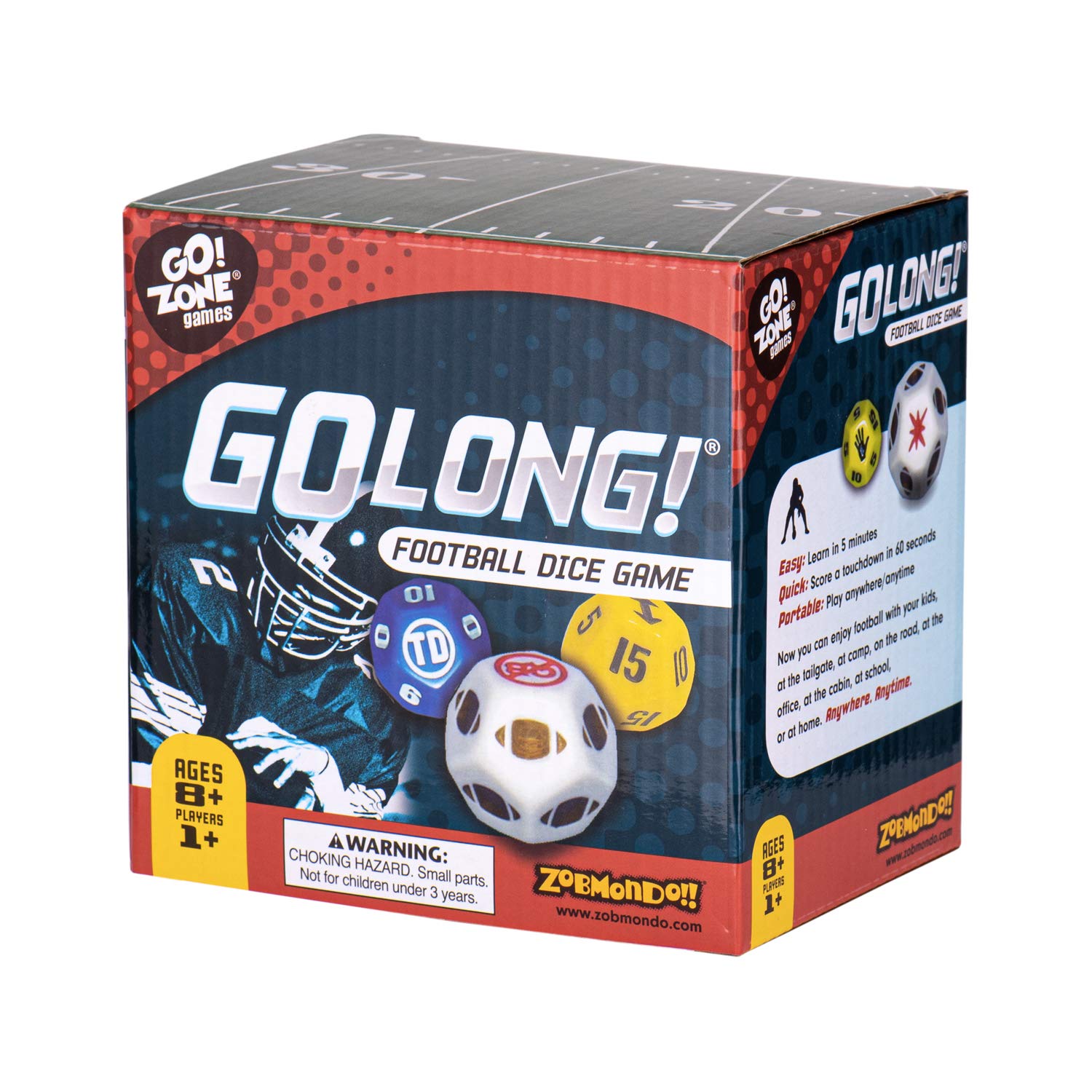 Zobmondo!! GoLong Football Dice Game | for Sports Fans, Families and Kids | Includes Travel Bag for Dads and Boys