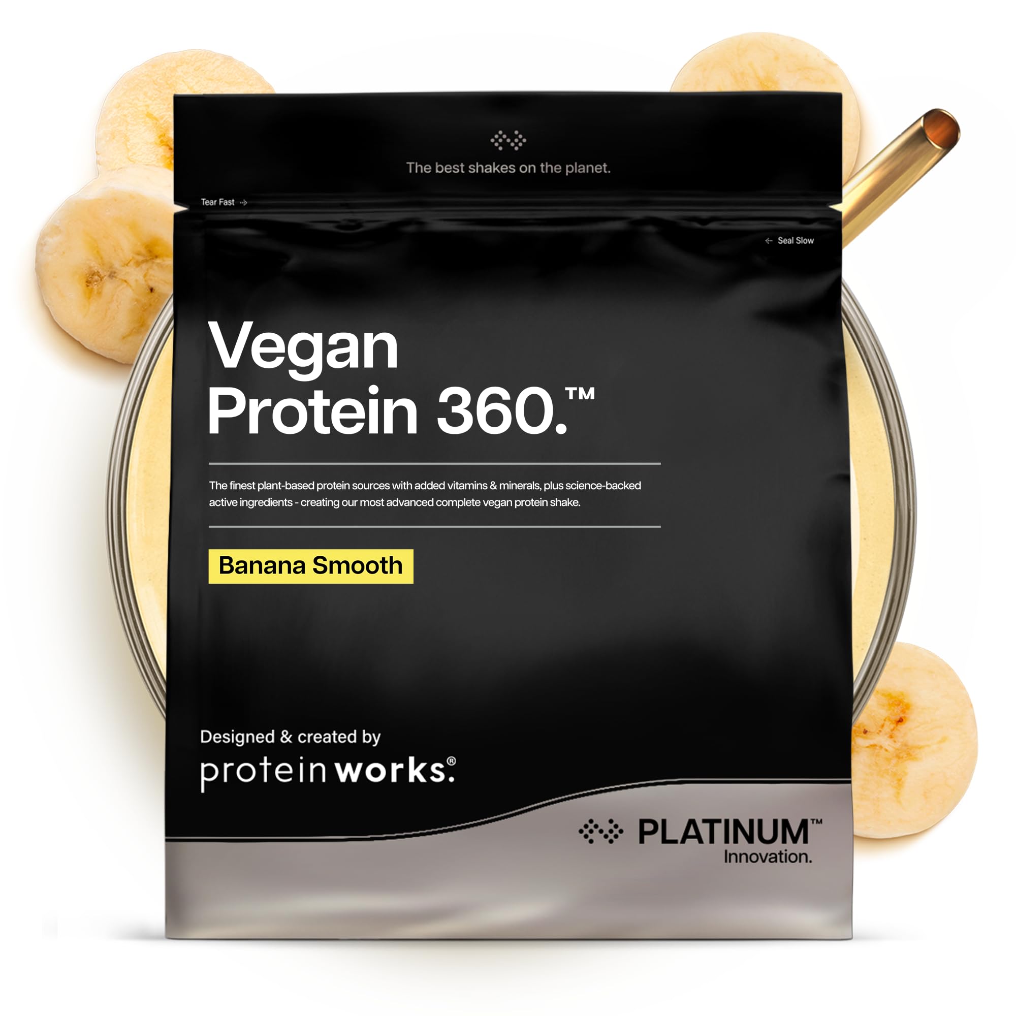 Protein Works | Vegan Protein 360 - Platinum Innovation, Premium Vegan Protein Powder, Plant-Based Protein Shake, Essential Vitamins & Minerals, Low Sugar, Banana Smooth, 57 Servings, 2kg