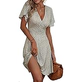 ETCYY NEW Womens Summer Dresses Slant Open V Neck Floral Printed Sundresses Flowy Dress Short Sleeve