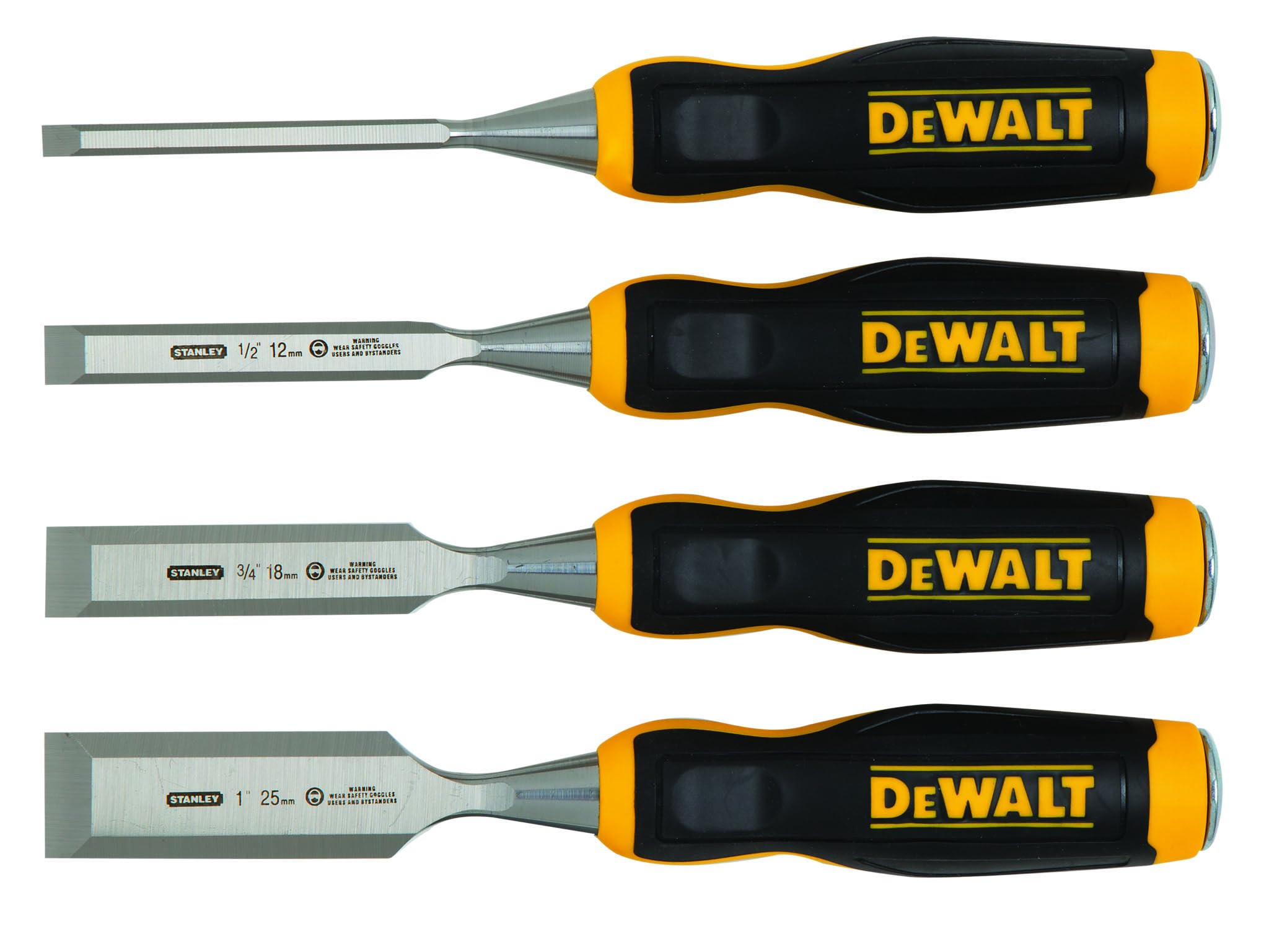 DeWALT Wood Chisel Set, 4 Piece Tempered Chrome Carbon-Steel Blade for Edge Retention with an ergonomically Designed bi-Material Handle and a Hardened Strike Cap for Durability