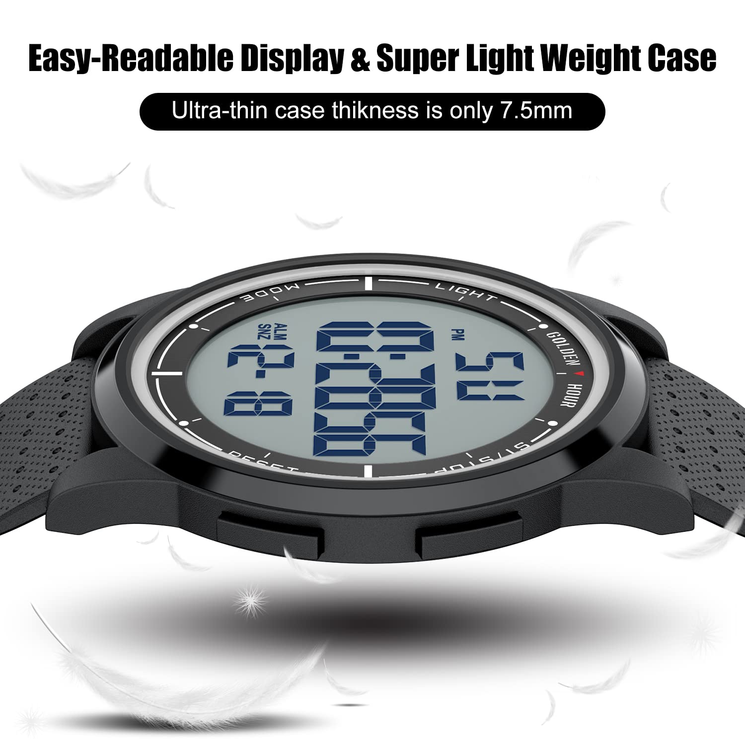 GOLDEN HOUR Ultra Thin Minimalist Sports Waterproof Digital Watch Men Wide Angle Display Rubber Strap Wrist Watch for Men Women, Resin/Bright/Black