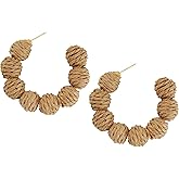MINACHI Boho Raffia Open Hoop Earrings, Rattan Beaded Earrings, Vintage Bohemian Hippie Summer Statement Jewelry Gift for Women