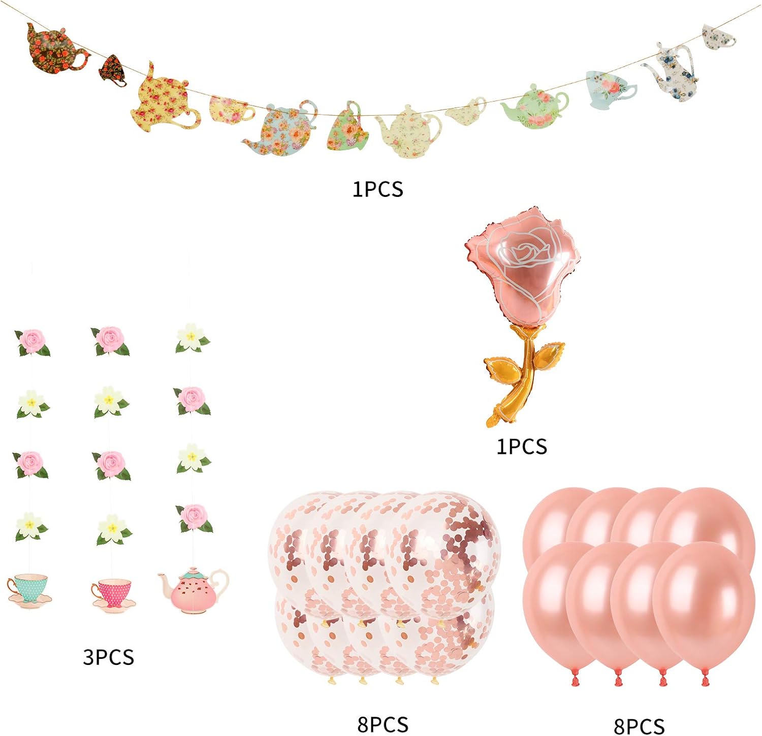 Tea Party Decorations Let's Par Tea Balloons/Teapots Teacups Tea Party Banner/Aluminum Foil Balloons/Floral Tea Party Hanging Decors for Bridal Shower Engagement Bachelorette Birthday Party Supplies: Toys & Games