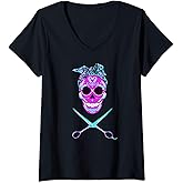 Womens Hairdresser Sugar Skull Hair Stylist Scissors Gift Funny V-Neck T-Shirt