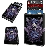 Aluminum Auto Pop Up Wallet Case Credit Card Holder For Women Men Girl, Leather Card Case Front Pocket Trifold Wallet with RFID Blocking Banknote Slot Slim Wallet Women, Purple Flower And Skull