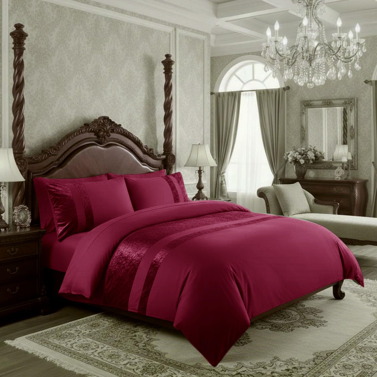 Casabella Luxury Crushed Velvet Panel Band Duvet Cover Sets with Pillow Case Single Duvet Cover Bedding Set – burgundy Crush Velvet Single Duvet Cover Sets — image 1