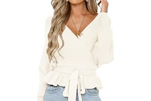 ZESICA Women's 2024 Fall Wrap V Neck Long Batwing Sleeve Belted Waist Ruffle Knitted Sweater Pullover Top