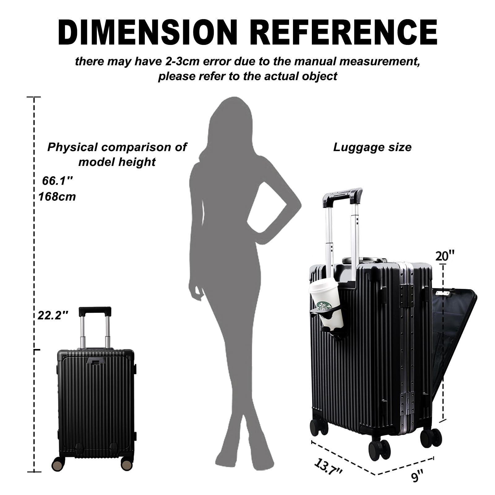 Carry On Luggage with Cup Holder and Usb Port, Aluminum Frame, Front Compartment, TSA Lock, 22x14x9 Airline Approved Hardside Suitcase with Spinner Wheels(Black, 20-lnch)
