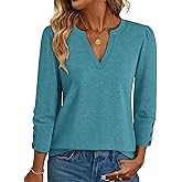 NORACORA Womens Tops 3/4 Sleeve with Buttons V Neck Blouses for Women Summer Outfits Dressy Casual T Shirts Beach Vacation