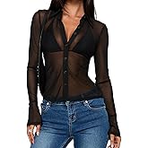 Sheer Button Down Shirt for Women Lapel V Neck Fitted Blouse Flare Long Sleeve Sexy See Through Mesh Tops Clubwear