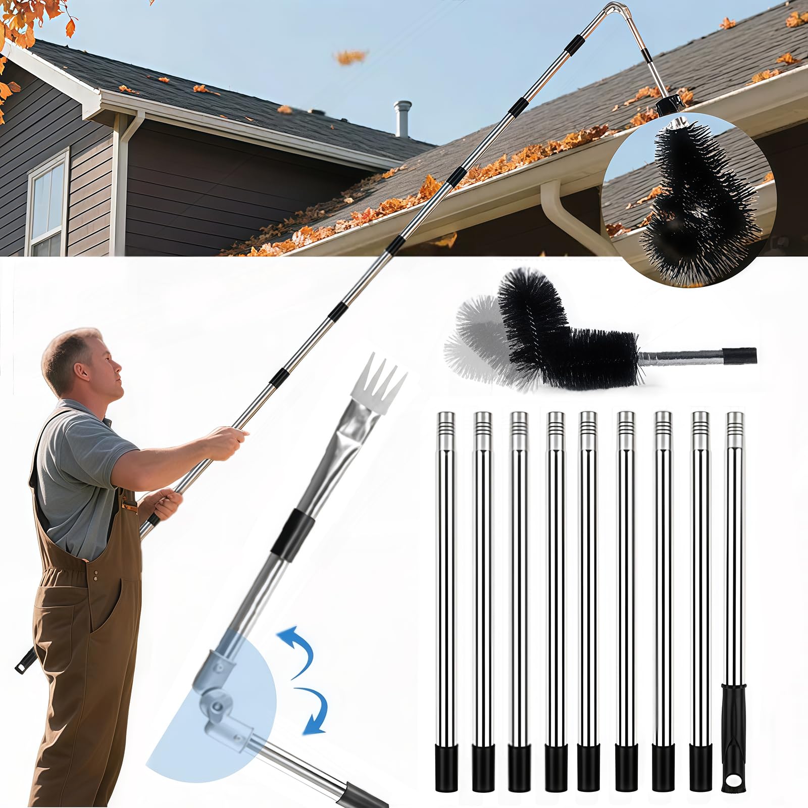 Photo 1 of 13FT Gutter Cleaning Tool from The Ground, No Ladder Needed - Adjustable Length Gutter Cleaner Pole with 180° Pivoting Head, Replaceable Brush & Shovel for Leaves, Debris